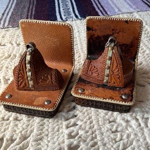Vintage Set of Two (2) Leather Tooled Saddle Book Ends